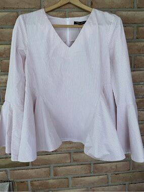 Romeo & Juliet Couture White Peplum Too with Red & Pink Stripes, Bell-Sleeve